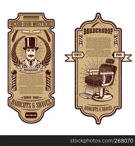 Barber shop flyer template. Barber chair and tools on grunge background. Design element for emblem, sign, poster, card, banner. Vector illustration