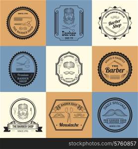 Barber shop gentleman shaver grooming saloon logos set isolated vector illustration