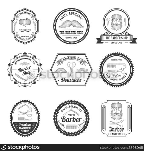 Barber shop hair and beard trim business black emblems set isolated vector illustration. Barber Shop Emblems