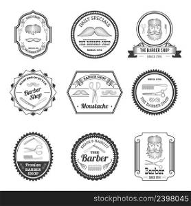 Barber shop hair and beard trim business black emblems set isolated vector illustration. Barber Shop Emblems