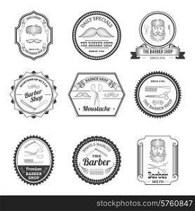 Barber shop hair and beard trim business black emblems set isolated vector illustration