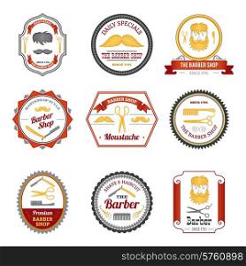 Barber shop hair beard and mustache grooming emblems colored set isolated vector illustration. Barber Shop Emblems Colored
