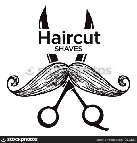 Barber shop label, isolated monochrome sketch outline service for men vector. Cutting beard and hair, hairdos for gentleman, scissors and award of best hairdressers place. Vintage style of logotype. Barber shop label, isolated monochrome sketch outline service for men vector.