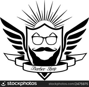Barber Shop logo store glasses, moustache, beard, heraldic shield