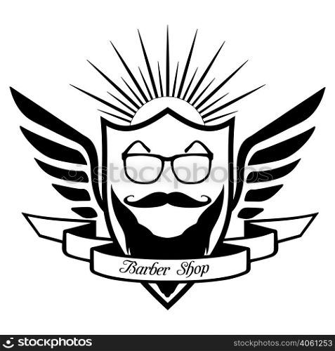 Barber Shop logo store glasses, moustache, beard, in the heraldic shield, with calligraphic inscription Barber Shop, in vector for design or print. Barber Shop logo