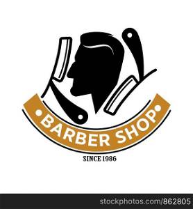 Barber shop logo template of man head and razors silhouette . Vector isolated icon for barbershop salon, hipster premium hairdresser coiffeur or trendy haircutter. Barber shop man head and razors vector icon silhouette template