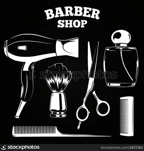 Barber shop objects for labels - shaving brush, hair dryer, perfume, combs on chalkboard. Vector illustration. Barber shop objects for labels