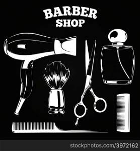 Barber shop objects for labels - shaving brush, hair dryer, perfume, combs on chalkboard. Vector illustration. Barber shop objects for labels