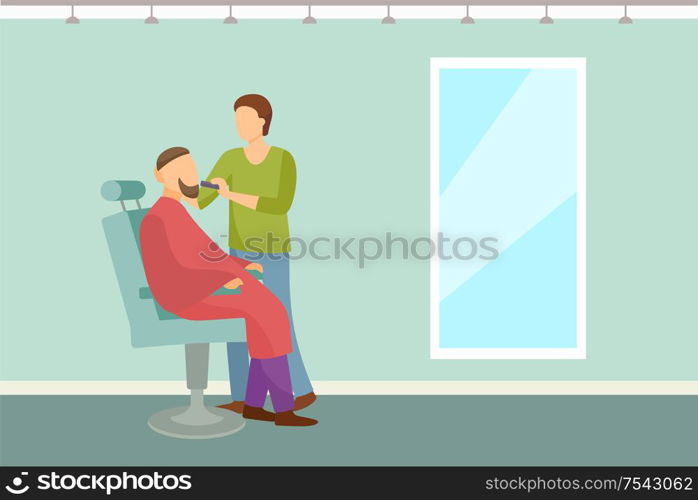 Barber shop poster hairdresser cutting or shaving beard to man in armchair vector. Hipster man spa salon for hair styling with big mirror on wall. Barber Shop Poster Hairdresser Cut or Shave Beard