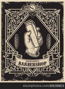 barber shop poster template. Human hand with hair clipper. Design element for card, banner, flyer. Vector illustration