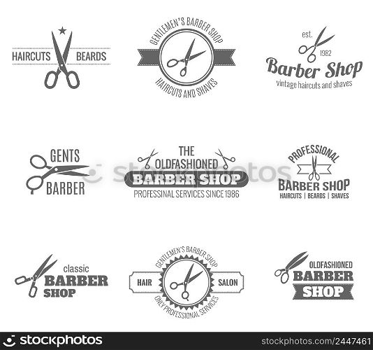 Barber shop scissors and shaves professional haircut and beard cut label black set isolated vector illustration