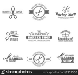 Barber shop scissors and shaves professional haircut and beard cut label black set isolated vector illustration