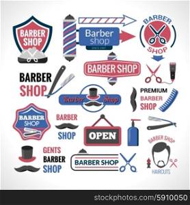 Barber shop symbols signs labels collection . Barber shop symbols labels collection and signs with modern haircut and hair styling abstract isolated vector illustration