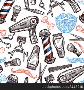 Barber shop tools accessories and symbols seamless pattern in red blue black doodle abstract vector illustration. Barber Shop Attributes Doodle Seamless Pattern