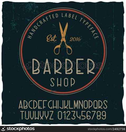 Barber shop typeface poster with sample label design on dusty background vector illustration