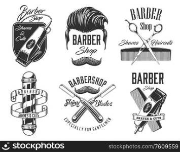 Barber shop vector signs and icons, gentleman and hipster haircut, beard and mustaches shaving salon. Premium quality barbershop pole signage, razor blade, scissors, comb and hair trimmer. Haircut head, mustaches, scissors barbershop signs