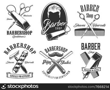 Barber shop vector signs and icons, gentleman and hipster haircut, beard and mustaches shaving salon. Premium quality barbershop pole signage, razor blade, scissors, comb and hair trimmer. Haircut head, mustaches, scissors barbershop signs