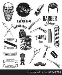 Barber shop vintage vector icons, barbershop mustaches and beard shave salon symbols. Barber equipment tools, scissors and hipster skull, razors, shaving brush and hair dryer, chair and pole signage. Barbershop icons, mustache and beard barber tools