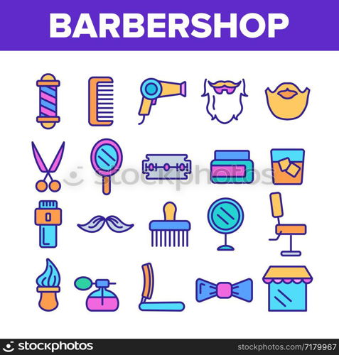 Barbershop Accessories Vector Thin Line Icons Set. Barbershop Accessories, Hairdressers Tools Linear Pictograms. Combs, Blow Dryer, Shaving Instruments, Professional Furniture Contour Illustrations. Barbershop Accessories Vector Thin Line Icons Set