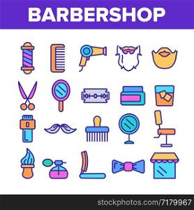 Barbershop Accessories Vector Thin Line Icons Set. Barbershop Accessories, Hairdressers Tools Linear Pictograms. Combs, Blow Dryer, Shaving Instruments, Professional Furniture Contour Illustrations. Barbershop Accessories Vector Thin Line Icons Set