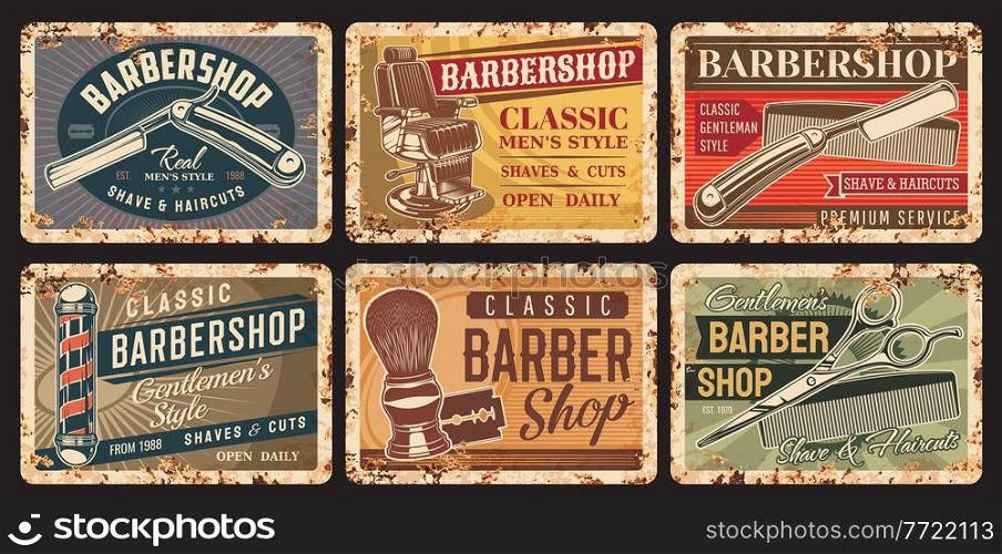 Barbershop and haircut rusty plates. Gentlemen hairdresser, stylist or barbershop equipment grunge tin sign, vector vintage banners with straight razor, hair cutting scissors and comb, barber chair. Barbershop and hairdresser vector rusty plates