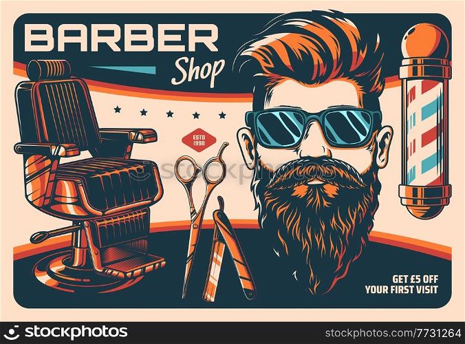 Barbershop and hairdressing salon retro poster. Gentlemen hair stylist, hairdresser shop vector vintage banner with bearded hipster man, barbershop pole and chair, hair cutting scissors and razor. Barbershop and hairdressing salon retro poster