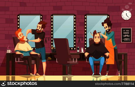 Barbershop background with chair scissors mirrors and coffee flat isolated vector illustration. Barbershop Background Illustration