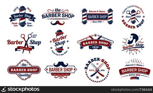 Barbershop badges. Vintage barber label, retro shave salon badge and gentleman haircut old sign. Barbers hipster mustache or beard logotype, barbering tattoo. Vector illustration isolated symbols set. Barbershop badges. Vintage barber label, retro shave salon badge and gentleman haircut old sign vector illustration set