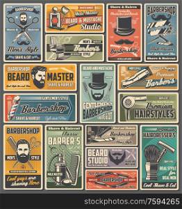 Barbershop, beard, mustache and hair salon retro banners. Vector barber shop poles, hairdresser chairs, haircut shavers and scissors, bearded hipsters, straight razors and clippers, blades and combs. Barbershop pole, chairs, shavers, razors, scissors