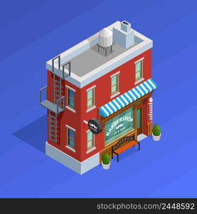 Barbershop building isometric concept with moustache on blue background vector illustration . Barbershop Building Concept