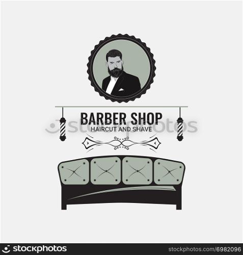 Barbershop decorated in retro style. Signboard for a hairdresser and barbershop salons on a white background. Logo with hair salon accessories.. Stylish Barber Shop