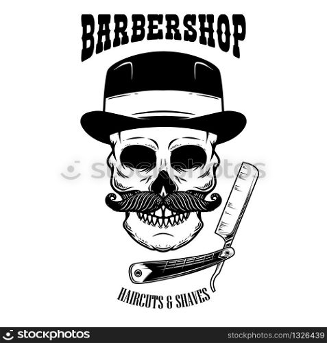 Barbershop emblem template. Skull with moustache in vintage hat and razor of barber. Design element for poster, card, emblem, banner, logo. Vector illustration