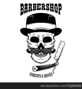 Barbershop emblem template. Skull with moustache in vintage hat and razor of barber. Design element for poster, card, emblem, banner, logo. Vector illustration