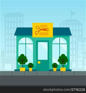Barbershop haircut salon exterior front window with town on background flat vector illustration