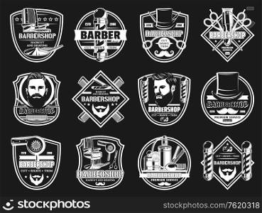 Barbershop haircut salon signs and man mustache and shaving barber shop icons. Vector premium badges of man head with haircut, barbershop pole signage, gentleman hat with scissors and razor blade. Barbershop premium beard and mustache shaving