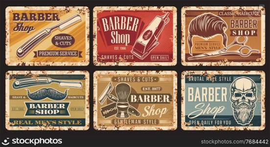 Barbershop haircut vintage grunge signs with skull and beard, vector metal rusty plates. Barber shop salon retro posters with mustaches, razor blade and scissors, hipster and gentlemen haircut. Barbershop skull, beard, razor and mustache salon