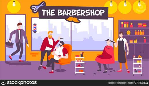 Barbershop horizontal illustration of hair salon for men haircut and shave flat vector illustration