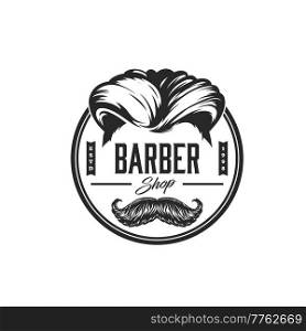 Barbershop icon with haircut and mustaches. Gentlemen hairdresser, stylist salon monochrome vector label, retro label or round icon with vintage men haircut and handlebar mustaches. Barbershop icon with haircut, handlebar mustaches