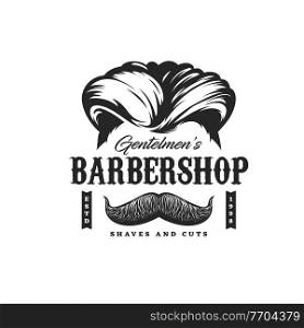 Barbershop icon with haircut, man beard and mustaches shave salon, vector. Barber shop sign with gentleman or hipster beard and mustaches, haircut, shaving and trimming studio icon. Barbershop haircut salon, man beard and mustaches
