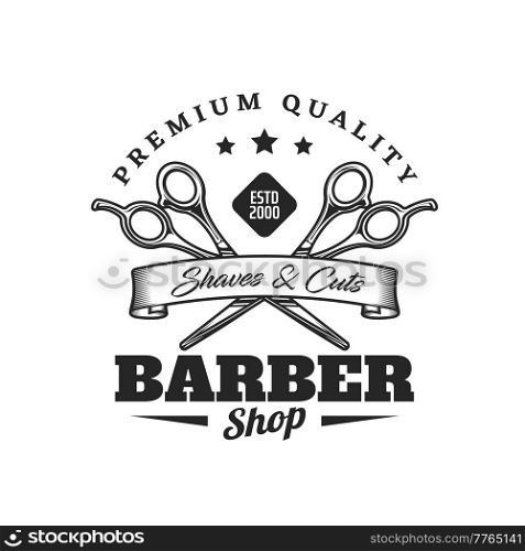 Barbershop icon with scissors for shaves and cuts, vector emblem. Barber shop salon for hipster and gentleman haircut and mustaches or beard grooming with crossed scissors and premium quality ribbon. Barbershop icon with scissors for shaves and cuts