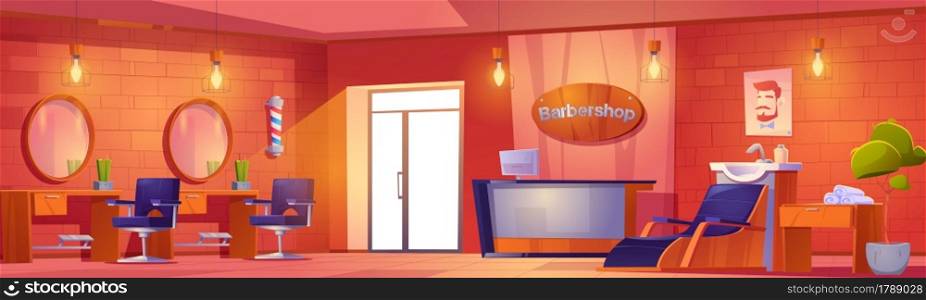 Barbershop interior, beauty salon or hairdressing studio for men with furniture and stuff. Armchair, sink, desk with mirror, chairs and towels on table. Haircut barber shop Cartoon vector illustration. Barbershop interior beauty salon or studio for men