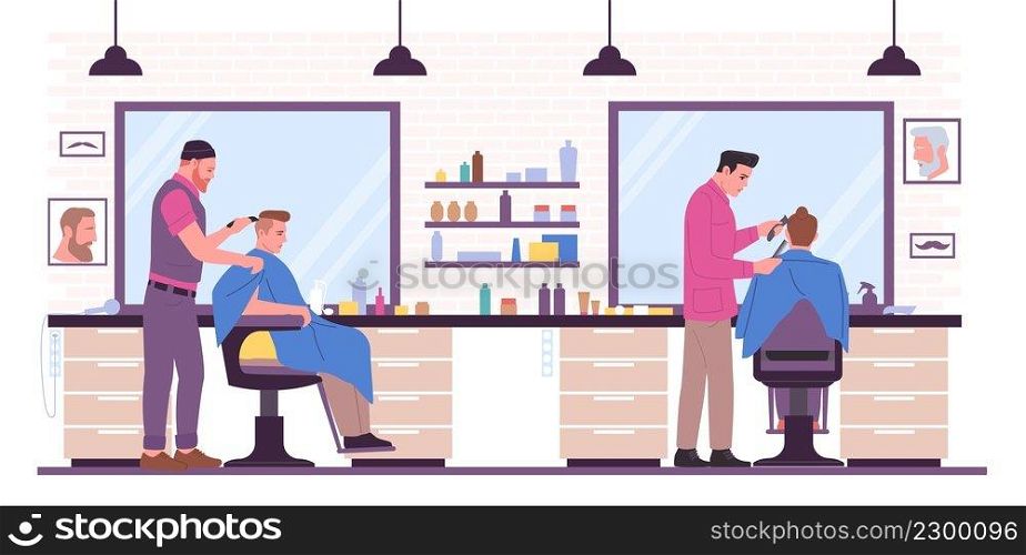 Barbershop interior. Hipster hair salon. Male beauty studio with professional tools and mirrors. Gentlemen characters sitting in armchairs. Barbers haircutting and making hairstyles. Vector concept. Barbershop interior. Hair salon. Beauty studio with professional tools and mirrors. Gentlemen characters sitting in armchairs. Barbers haircutting and making hairstyles. Vector concept
