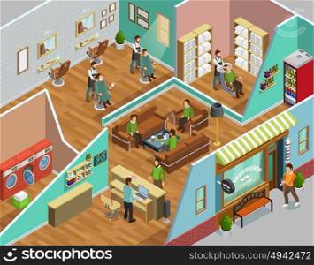 Barbershop Interior Isometric Illustration . Barbershop interior with head washing laundry and reception symbols isometric vector illustration