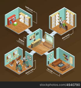 Barbershop Isometric Concept . Barbershop isometric concept with haircut room and laundry on brown background vector illustration