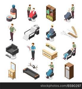 Barbershop isometric icons with hairdresser and customers, cosmetic accessories, professional tools, interior elements isolated vector illustration. Barbershop Isometric Icons