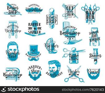 Barbershop lettering icons, mustaches and beard shaving salon signs. Vector calligraphy lettering, gentlemen baber shop or hipster hairdresser pole, razor scissors and trimmer or barbershop clipper. Barbershop beard and mustache shaving lettering