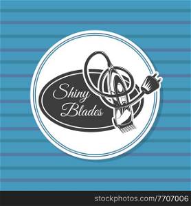 Barbershop logo, emblem with electrical hair clipper or shaver in vintage style vector illustration. Logotype for hairdressing salon with shiny blades lettering and shaver in white and black style. Barbershop logo, emblem with electrical hair clipper or shaver in vintage style vector illustration