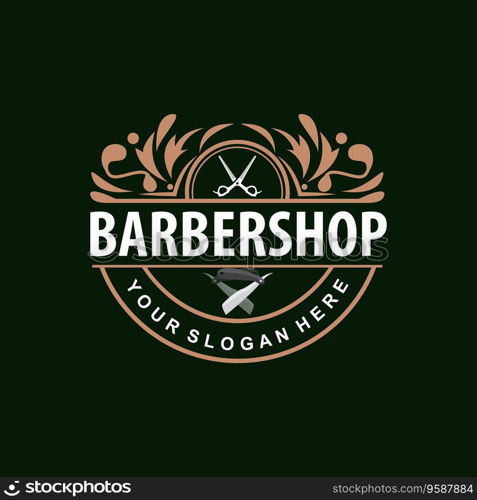 Barbershop Logo, Scissors Vector, Retro Vintage Minimalist Typography Ornament Design