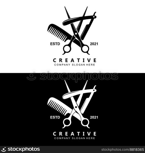 Barbershop Logo Vector Stylish Hair Design For Haircut, With Scissors And Shaver