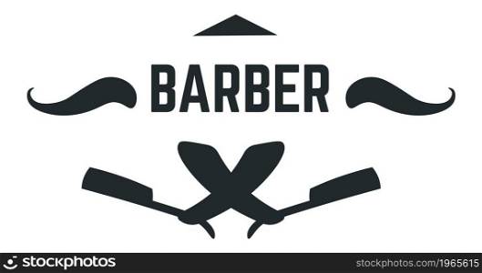 Barbershop logo, vintage or retro manner. Isolated silhouette of inscription, mustache and sharp razors for trimming and cutting hair. Label or banner, emblem or logotype. Vector in flat style. Vintage barber logotype, mustache with razors